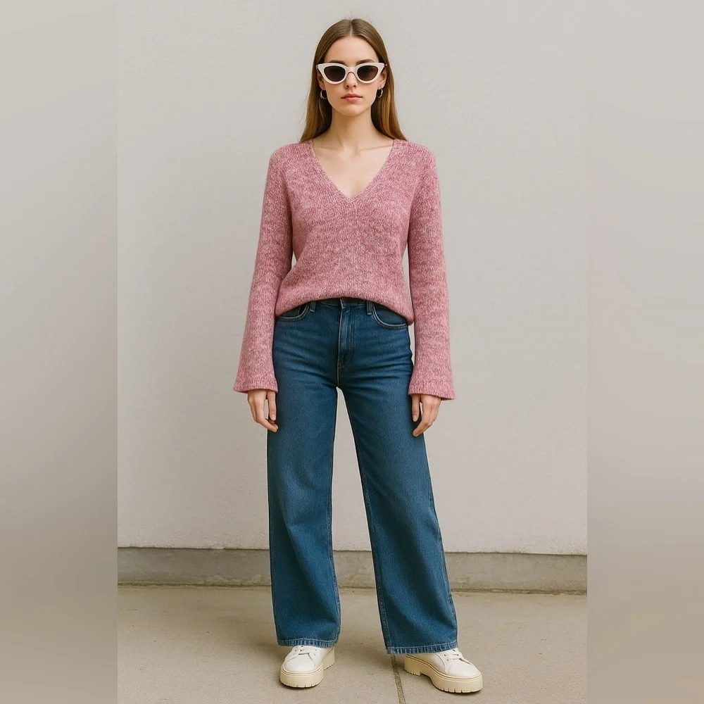 J Crew Flared Sleeve Marled Knit Swing Sweater Womens Sz XS Primrose Pink Vneck